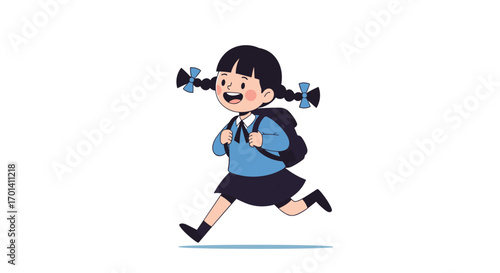 Joyful elementary school student with braided pigtails running happily to her classroom with a backpack