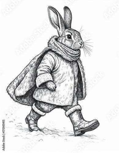 Walking Rabbit Character in Black and White with Coat Scarf and Boots on White Background