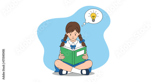 A young girl wearing a school uniform sits cross-legged reading a book her imagination sparks with a lightbulb idea symbol above her head