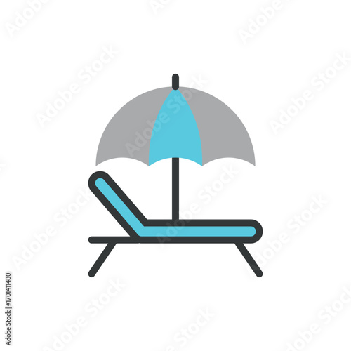 Beach umbrella with chair icon in color for seaside, resort, and vacation projects.