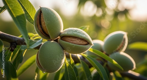 Fresh Almonds Ripe on Tree Branch with Cracking Green Hulls and Dewdrops in Sunlight