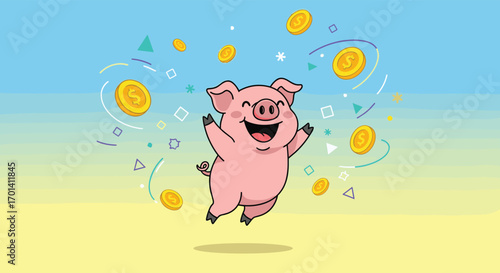 A joyful pig leaping with happiness and gold coins flying around in a colorful celebration