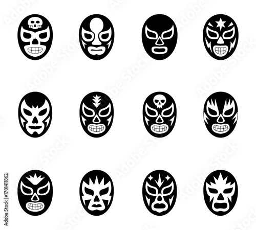 Collection of stylized black and white lucha libre wrestling masks. masks icons set 