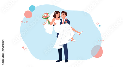 Happy couple celebrating their wedding day with joyful embrace and beautiful bouquet