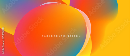 Abstract fluid shapes blend vibrant orange, yellow, blue hues. Modern design evokes energy, movement, visual interest. Background text reads background design.