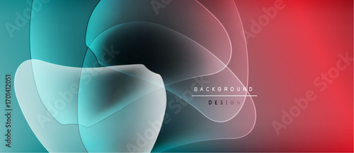 Abstract fluid shapes blend turquoise, purple, red hues. Modern design features layered translucent forms, creating dynamic visual effect.