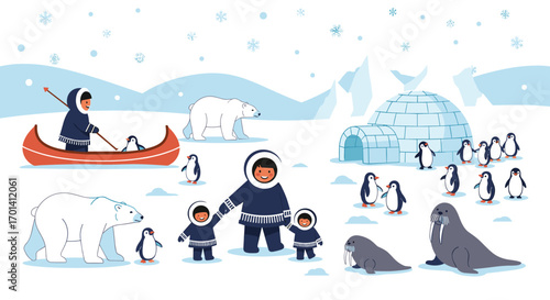 A joyful arctic celebration with polar bears penguins walruses and an igloo