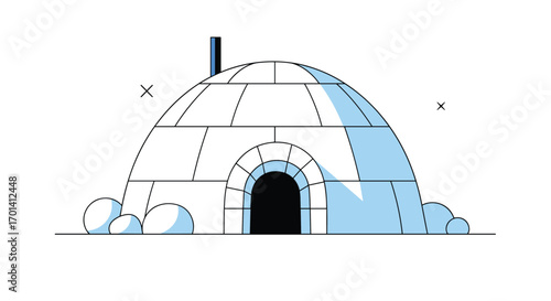 A simple illustration of an igloo structure built from snow blocks with an arched entrance and a chimney emitting smoke