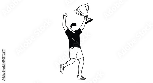 a triumphant athlete celebrates victory holding trophy aloft