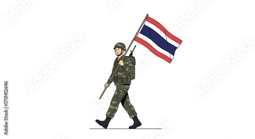 Thai soldier marches proudly carrying the national flag and rifle