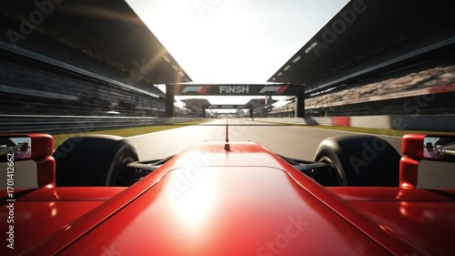 a generic formula one race car racing along the homestretch over the finish line.