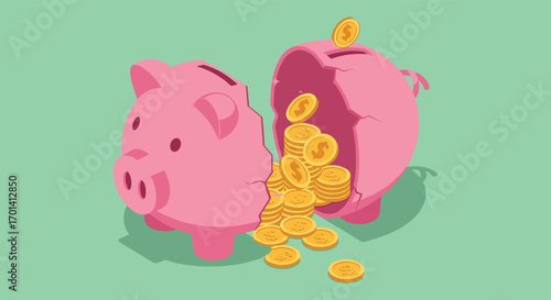 Breaking a piggy bank reveals a hoard of gold coins spilling out