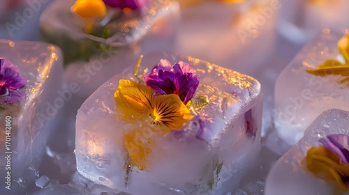 Close-up of transparent ice cubes encasing edible flowers with glowing detail, creative culinary concept with elegant artistic presentation

