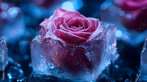 Ice cubes with rose frozen inside, macro photo with crystal clarity, elegant culinary concept and artistic food detail
