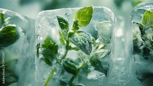 Macro photography of frozen herbs inside crystal-clear ice blocks, creative culinary concept with fresh organic detail

