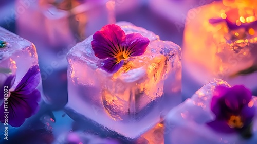 Close-up of transparent ice cubes encasing edible flowers with glowing detail, creative culinary concept with elegant artistic presentation

