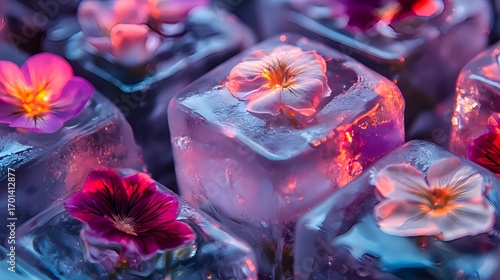 Close-up of transparent ice cubes encasing edible flowers with glowing detail, creative culinary concept with elegant artistic presentation
