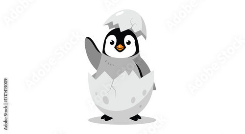 Adorable baby penguin emerging from cracked egg waving hello to the world