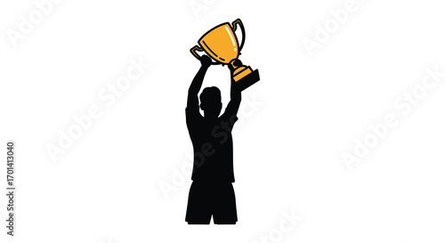 a silhouette figure triumphantly holding up a golden trophy