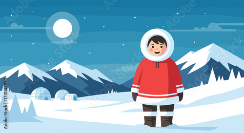 Winter arctic landscape with person in fur clothing and snowy mountains under moonlight