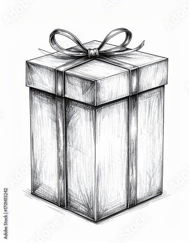Monochrome Gift Box Illustration with Ribbon and Bow on White Background
