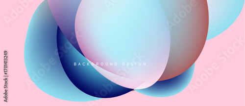 Abstract fluid shapes overlap, creating vibrant color gradients. Pink background complements blue, purple hues. Modern design element.