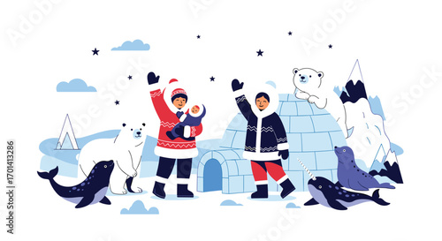 Arctic life illustrated with people animals and igloo home during winter season