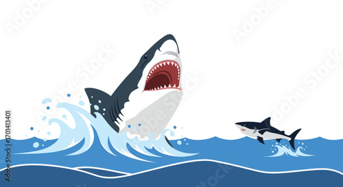 Majestic great white shark breaching ocean waves with smaller shark nearby majestic ocean predators