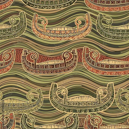 Ornamental Viking ships pattern on wavy background in earth tone colors, patern seamless, Stock royalty image.