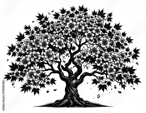 Detailed Black and White Tree with Maple Leaves Botanical Illustration Isolated on White