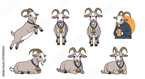 Collection of adorable goats demonstrating various poses and activities for design projects