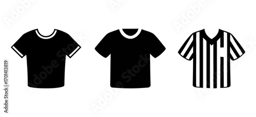 different styles of black t shirts and a referee jersey