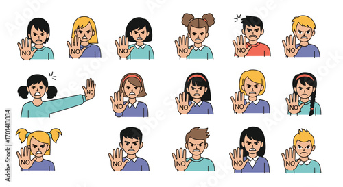 Collection of diverse children expressing stop gestures with various emotions and expressions