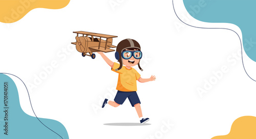 Joyful child pilot runs with cardboard airplane enjoying imaginative flight adventures outdoors on a sunny day