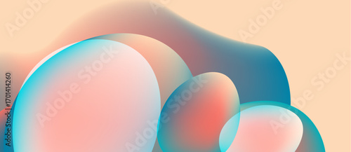 Abstract fluid shapes blend, creating soft gradients. Peach, teal hues dominate composition. Smooth textures suggest liquid movement.