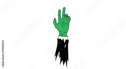 An illustrated green hand emerges from torn black fabric with fingers raised in a celebratory gesture