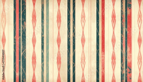 Retro Striped Pattern with Teal and Red on Textured Cream Background for Wallpapers or Fabric Prints