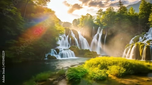 Image is a vibrant landscape photograph showcasing a series of cascading waterfalls surrounded by lush greenery. The waterfalls are the central focus, with multiple tiers of water flowing over rocky l