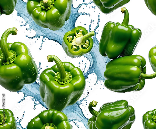 Slices and whole green bell peppers falling with water splash on white background.