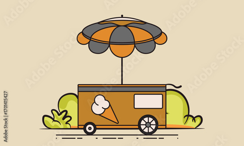 Golden Green Cream Stall Hand Push Wheels Truck with Umbrella Landscape Vector Illustration