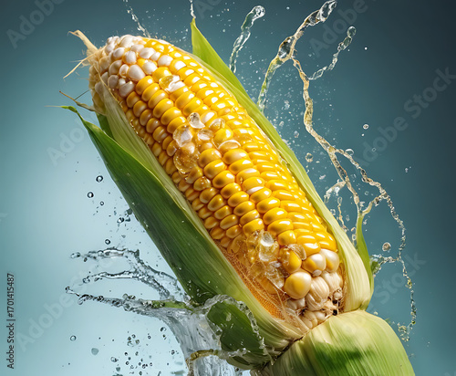 Close up of fresh corn cob with dynamic water splash and motion, food photography.
