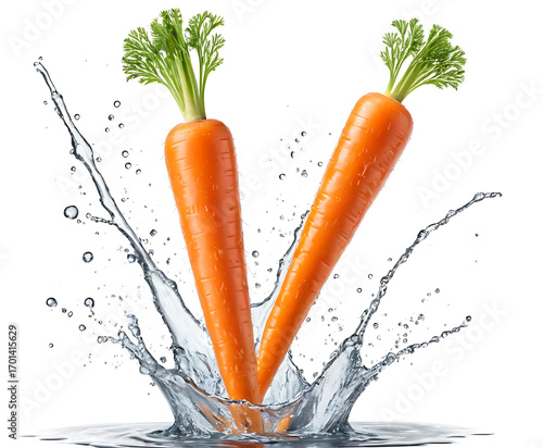 Two fresh orange carrots with green tops falling into water with big splash, isolated on white.