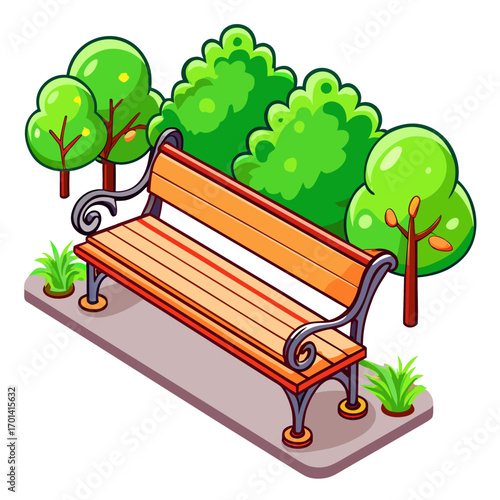 Tranquil Park Bench Illustration vector. A serene park scene features a meticulously rendered park bench, inviting contemplation amidst the lush greenery and embracing the beauty of nature.