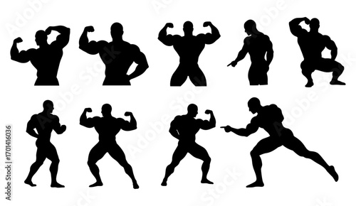 Bodybuilder Silhouette Set.Muscular Men Flexing Poses Collection, Fitness Vector Icons.