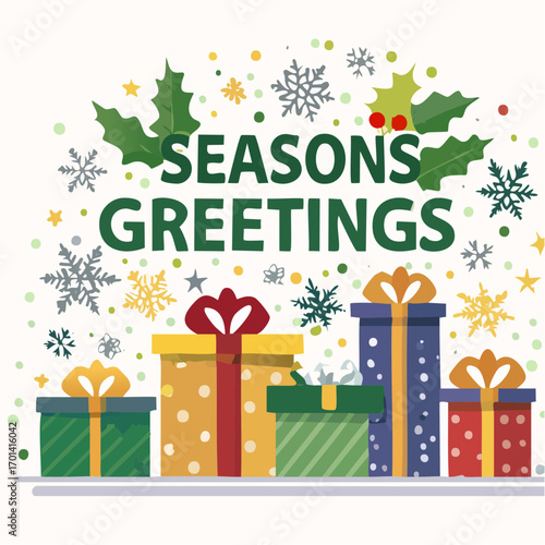 Festive illustration featuring a 'Seasons Greetings' message with gift boxes and holiday decorations.