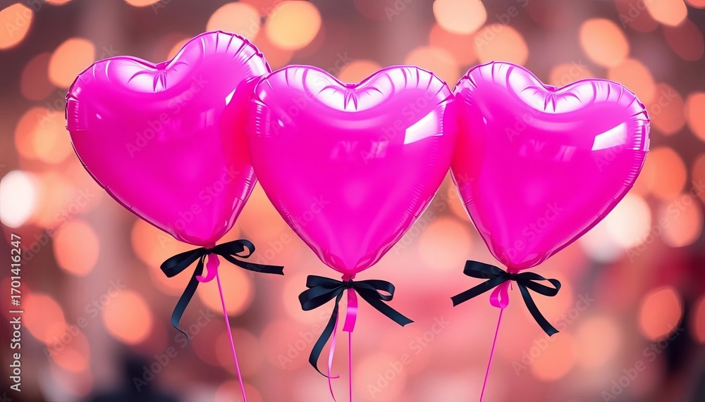 Fototapeta premium Three pink heart balloons with black ribbons, bokeh lights, digital art, illustration, black background