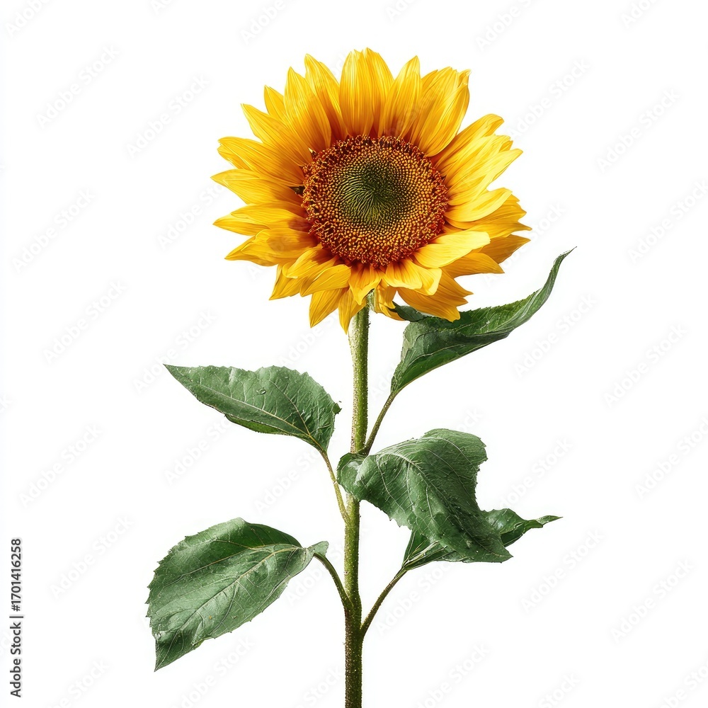 Obraz premium A vibrant sunflower with a bright yellow head and dark brown center, stands tall on a slender green stem with leaves against a clean white background