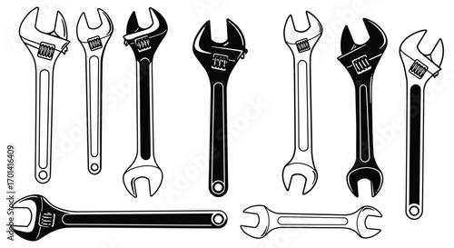 a variety of wrenches displayed in black and white