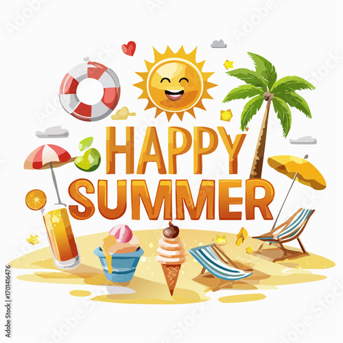 Happy Summer beach scene with sun, ice cream, and cocktails.