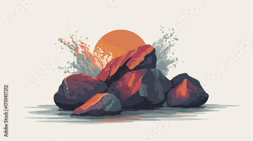 Abstract illustration of rocks with sun and water splash